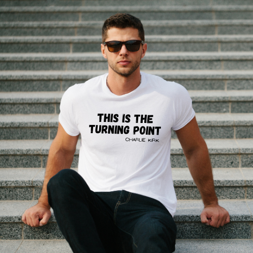 Model wearing Turning Point Charlie Kirk crewneck sweatshirt in ash gray