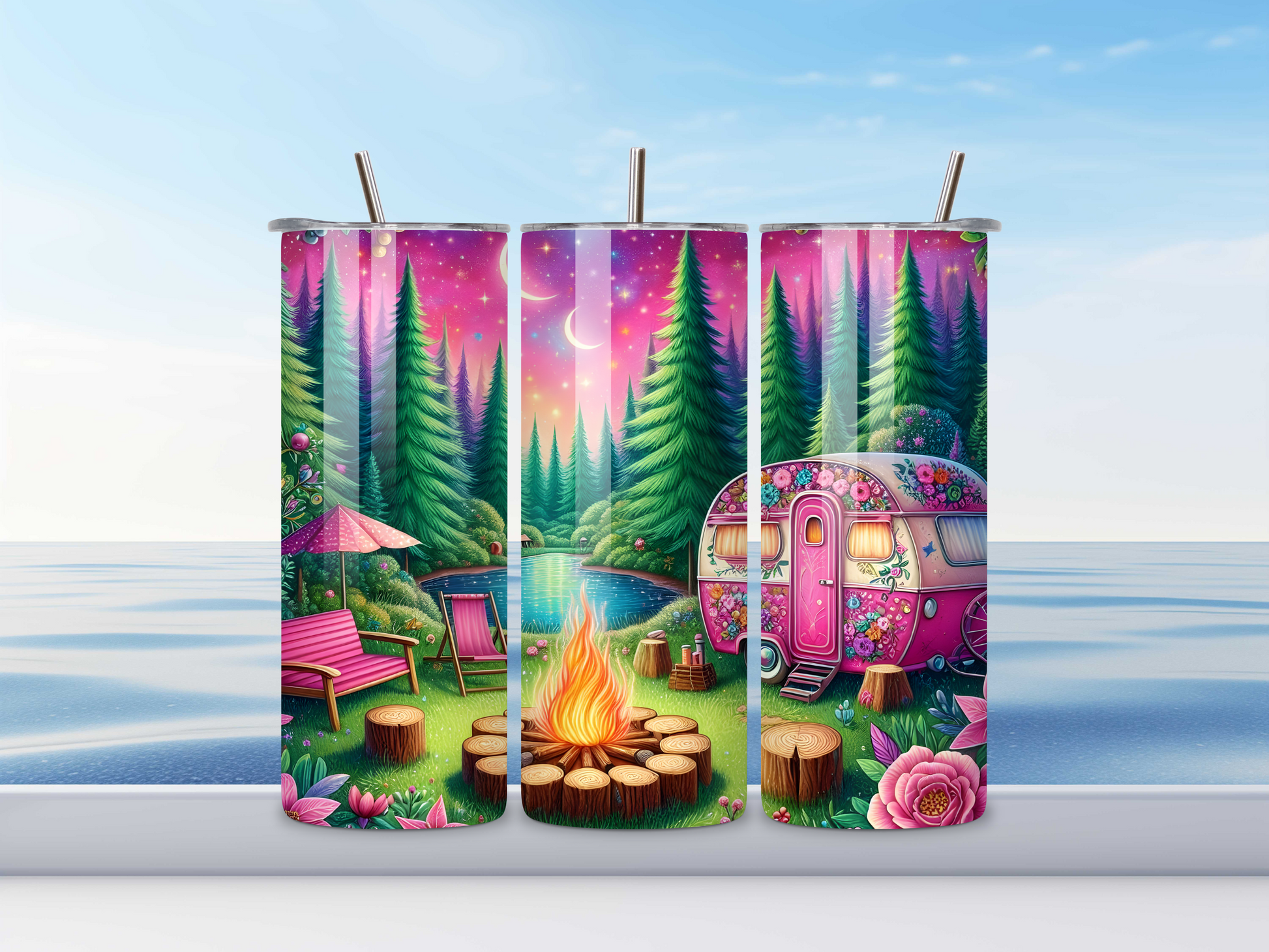 Side view of pink camping tumbler showing stainless steel base and clear lid.