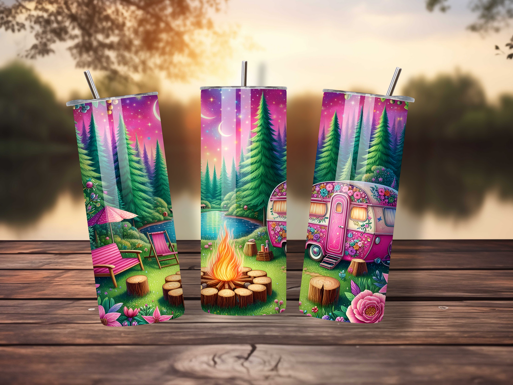 Close-up of pink camper and campfire design on insulated tumbler.