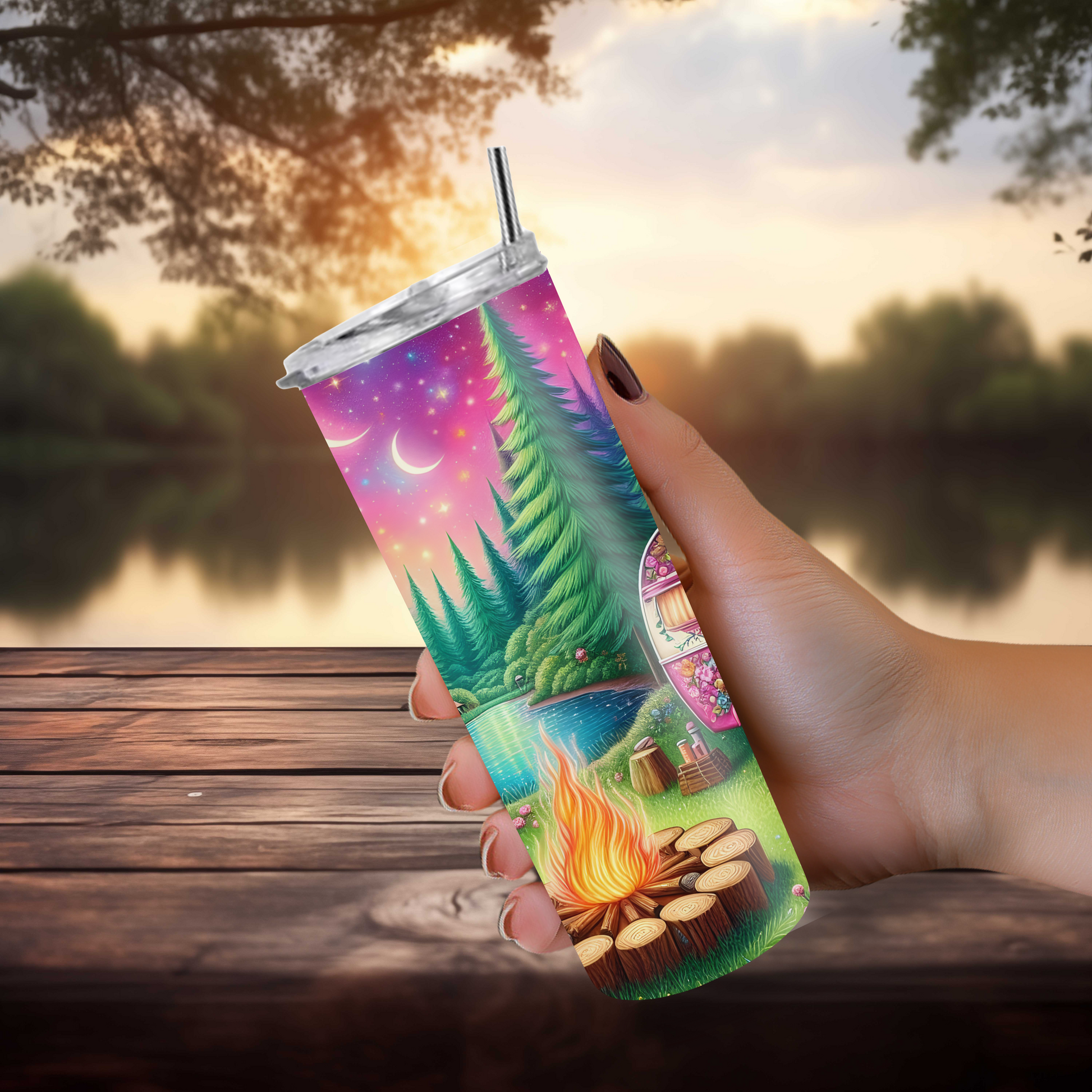 Pink camper tumbler on outdoor table beside campfire and Adirondack chairs.