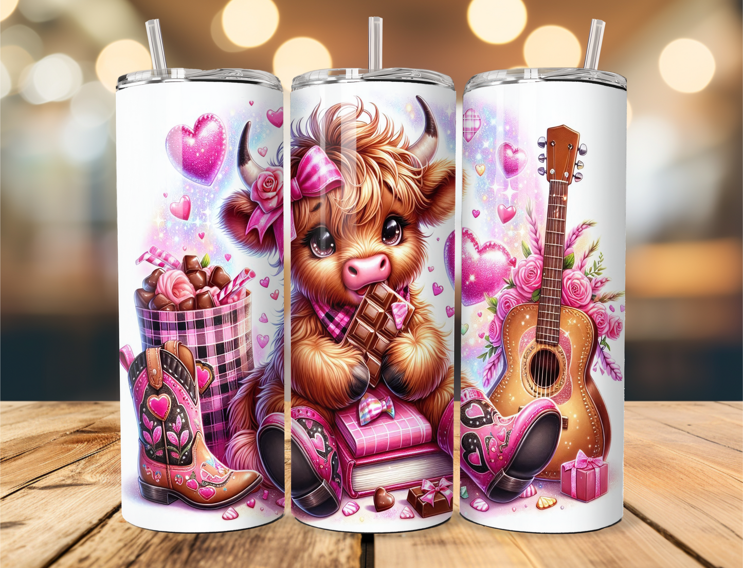 Cowgirl highland cow eating chocolate with hearts all around