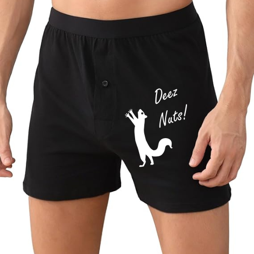 Squirrel underwear that says “Deez Nuts” in black boxer briefs
Funny men’s underwear with squirrel print – Deez Nuts design
Black and grey boxer, brief, and boxer brief options with Deez Nuts squirrel