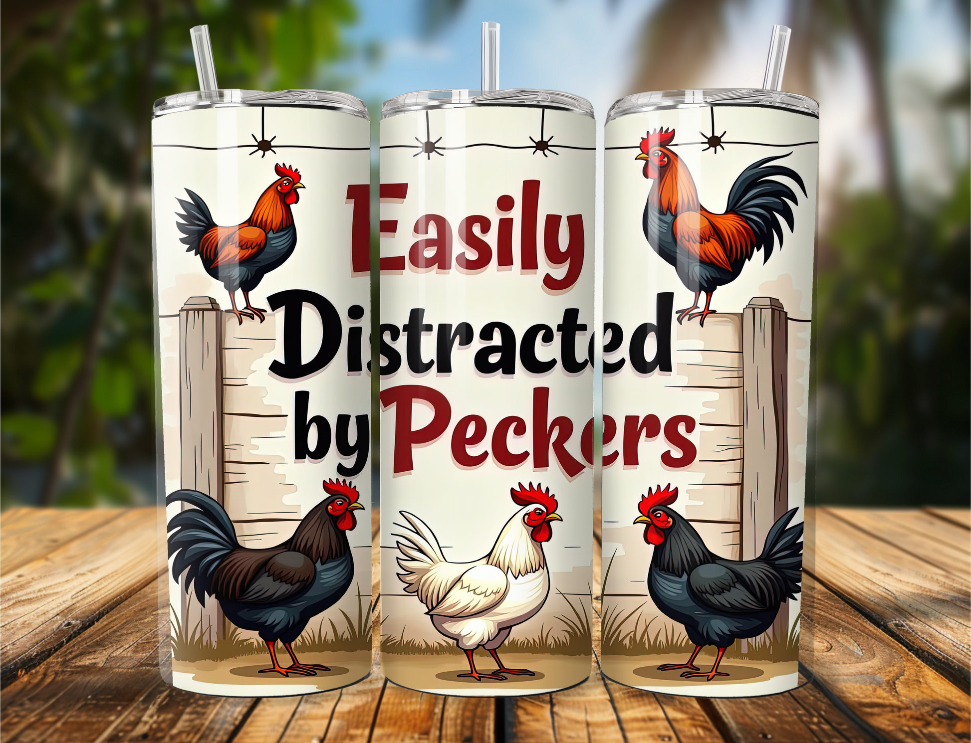 "Tumbler with the phrase 'Easily Distracted by Peckers' featuring colorful rooster illustrations. Available in 20oz or 30oz sizes."