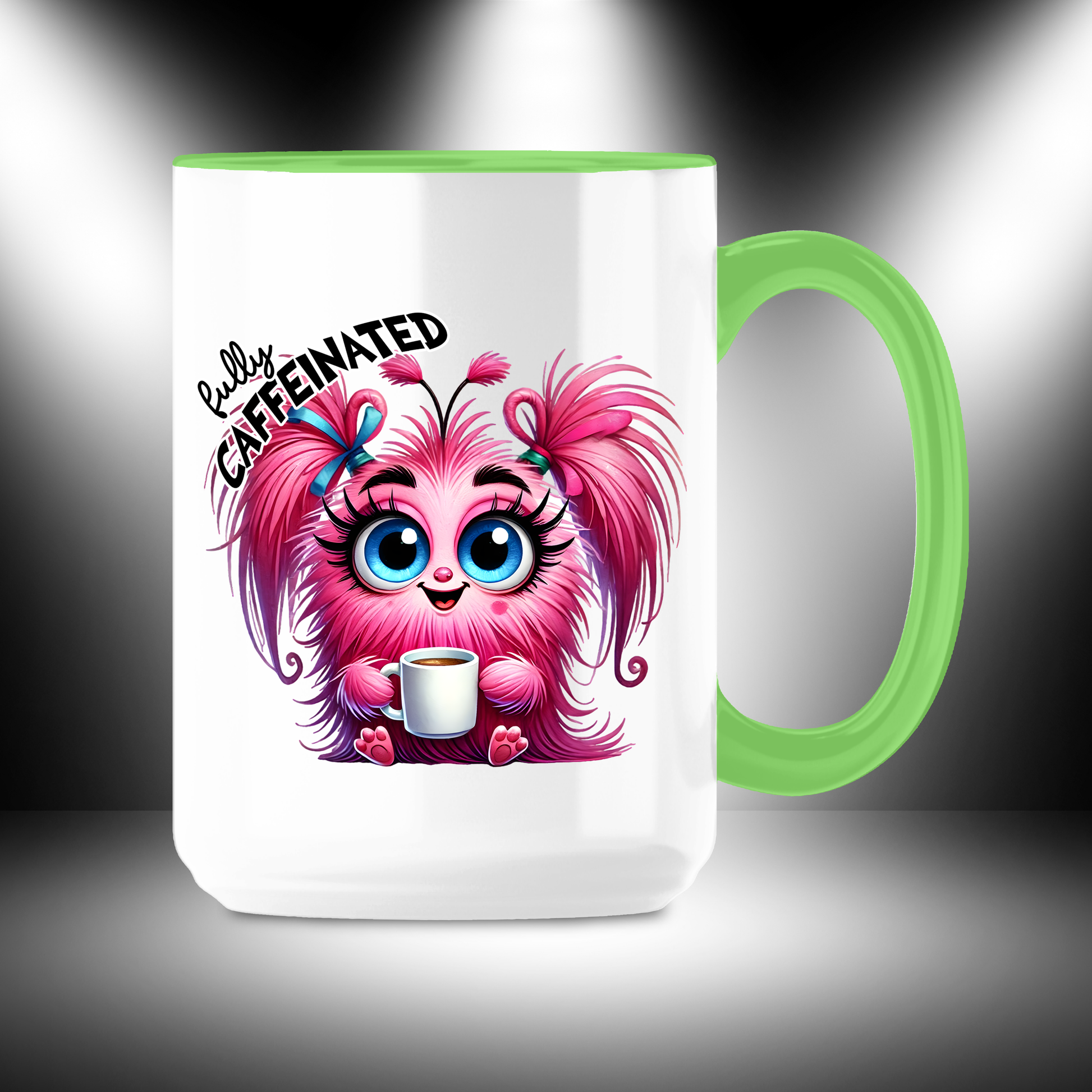 15 oz ceramic mug with green monster in plaid pajamas that says Before Coffee.