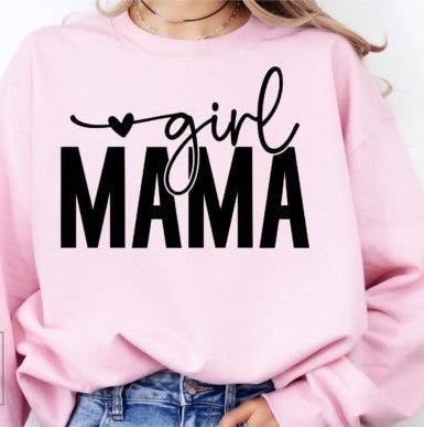 Crewneck sweatshirt with "Girl Mama" printed on the front in stylish lettering, shown in light pink.