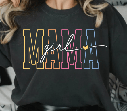 T-shirt with “Girl Mama” or “Boy Mama” text in stylish fonts, shown in multiple colors.