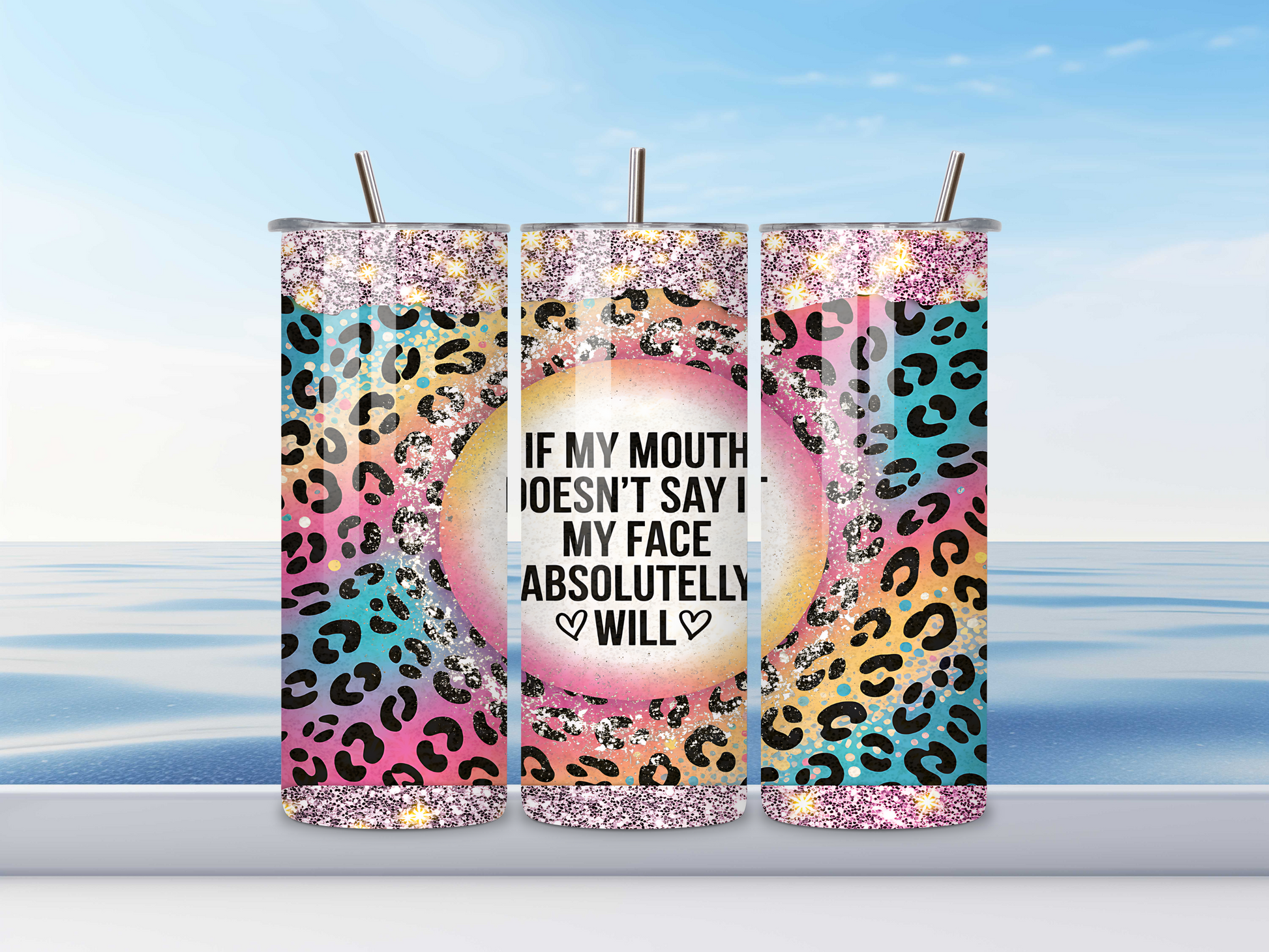 30 oz stainless steel tumbler with cheetah print and glitter background design.