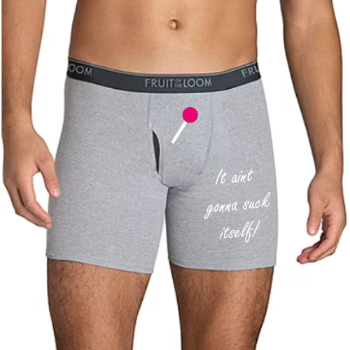 Underwear with sucker lollipop and “It Ain’t Gonna Suck Itself” text
Black boxer briefs with funny sucker design – adult gag gift
Cheeky men’s underwear in black or grey with lollipop print