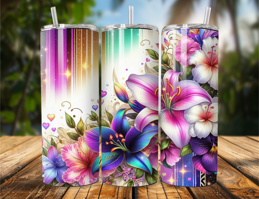 "Beautiful stainless steel tumbler featuring a vibrant orchid floral design in pinks and purples, available in 20oz or 30oz sizes. Glossy finish with a luxurious, handmade look—perfect for coffee, tea, or iced drinks."