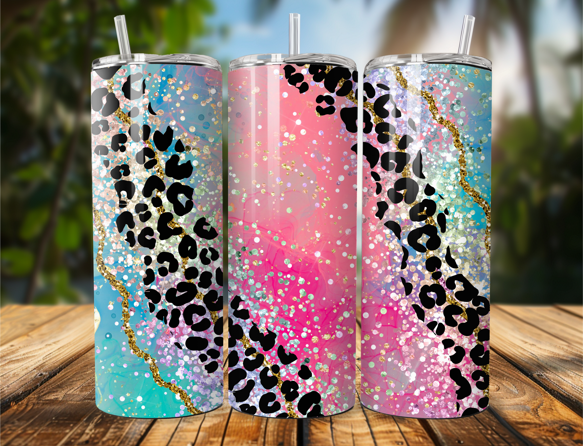 "Tumbler with pink and teal agate design blended with leopard print accents. Available in 20oz or 30oz sizes."