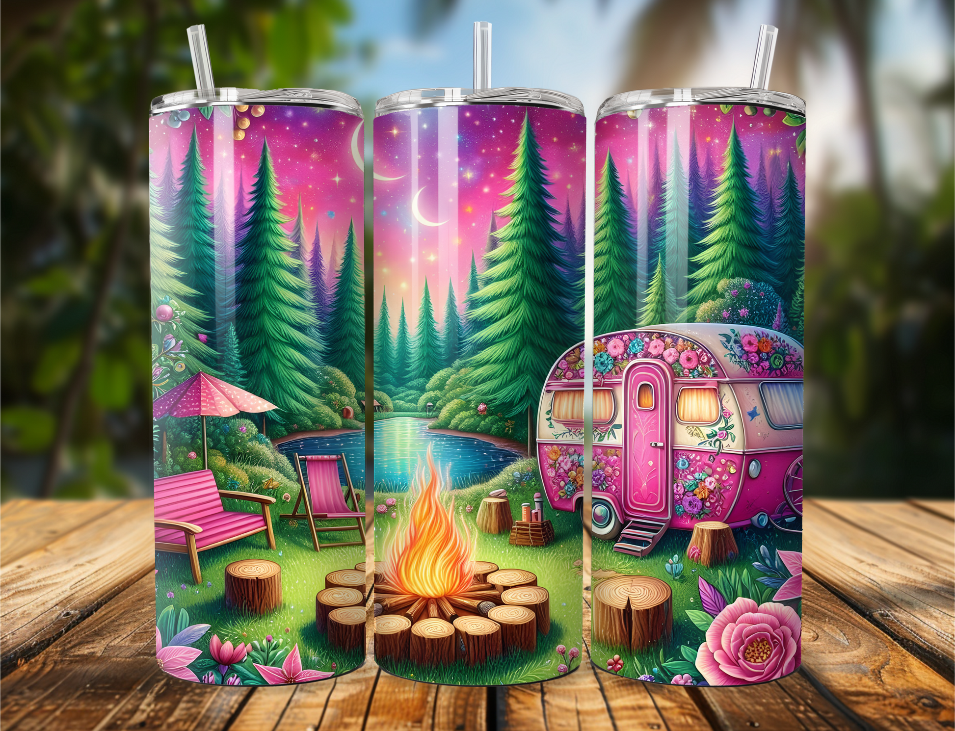 Pink camping tumbler with cute camper, campfire, and pink Adirondack chairs – 20oz or 30oz insulated stainless steel cup.