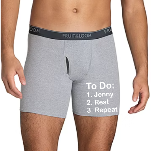Personalized “To Do: Jenny” underwear in black boxer briefs
Funny custom underwear with checklist design – To Do Name
Black or grey boxer briefs with custom name and snarky saying