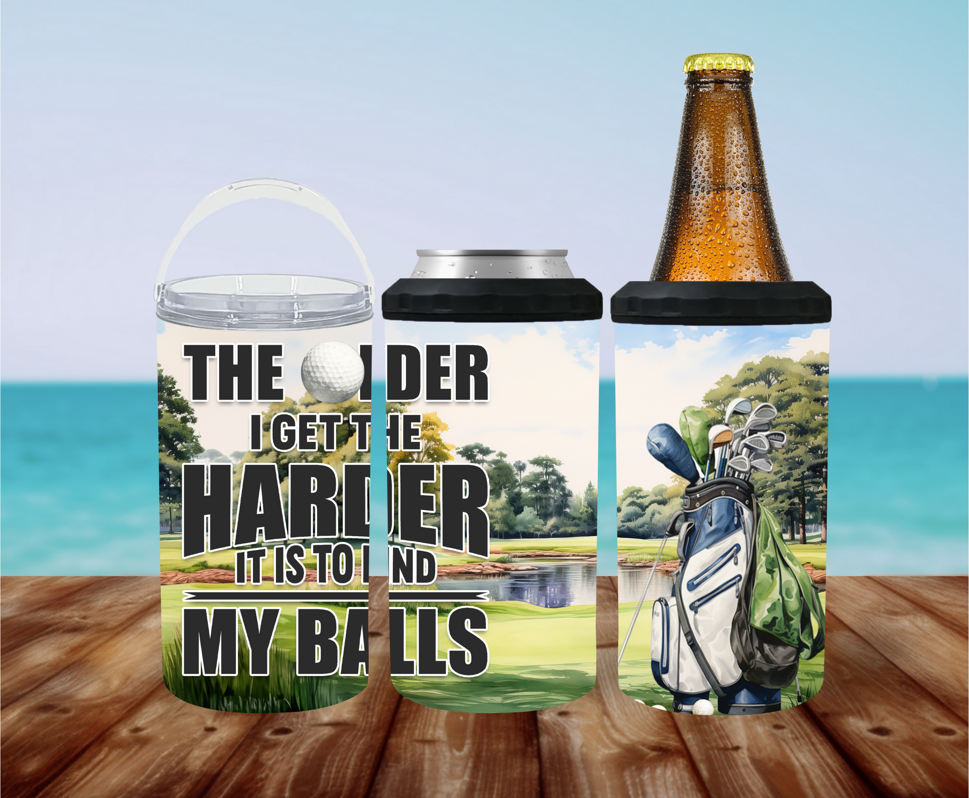 Close-up of golf bag and putting green with funny saying on can cooler