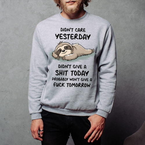 Person wearing a gray sweatshirt with a sloth graphic and text against a gray background