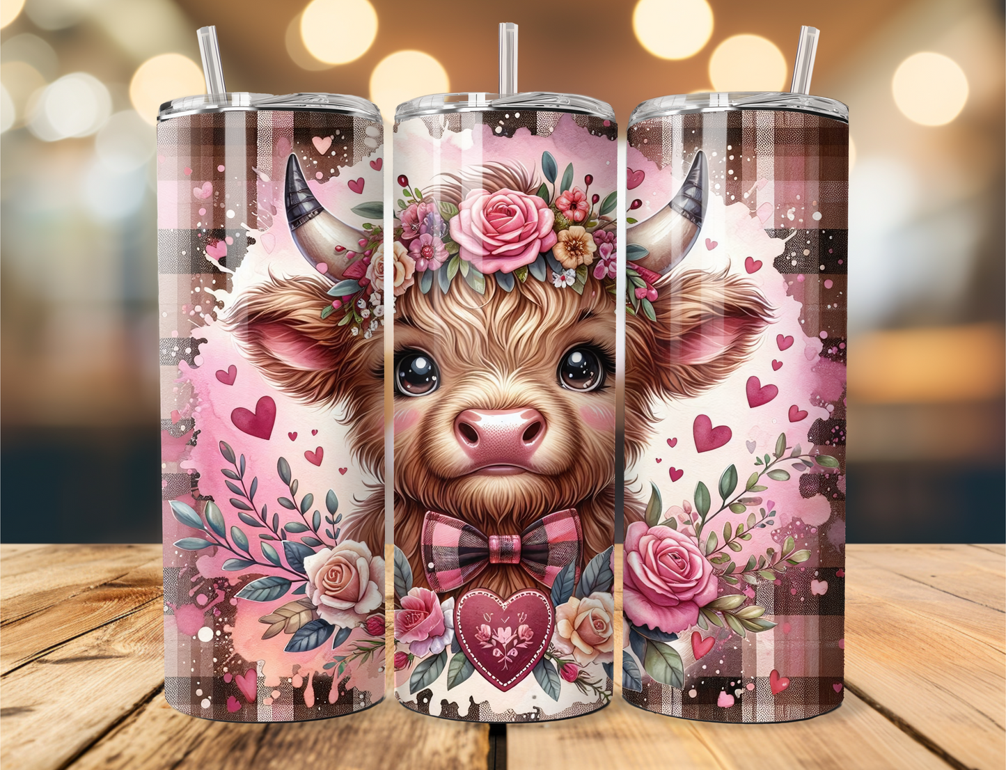 Valentine’s Highland Cow Tumbler – Cute & Cozy Plaid Design