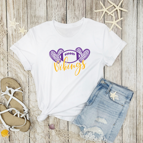"Roaring Love for the Vikings: Leopard Hearts and Football T-Shirt"