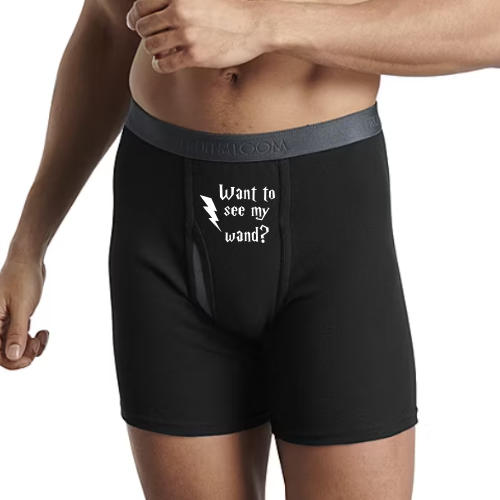 Black boxer briefs with “Want to See My Wand?” and lightning bolt
Cheeky wizard-themed underwear – wand joke design
Funny black or grey underwear with wand humor
