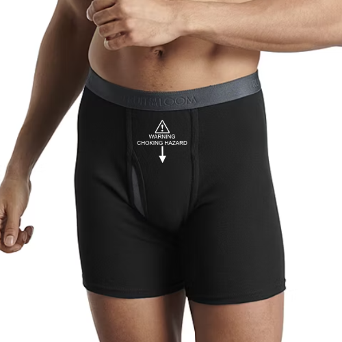 Underwear with “WARNING: CHOKING HAZARD” label in black boxer briefs
Funny gag gift underwear – choking hazard symbol design
Black and grey men’s boxers and briefs with warning print
