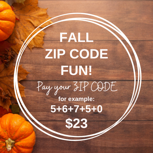 Promotional text for 'Fall Zip Code Fun' with pumpkins and leaves on a wooden background