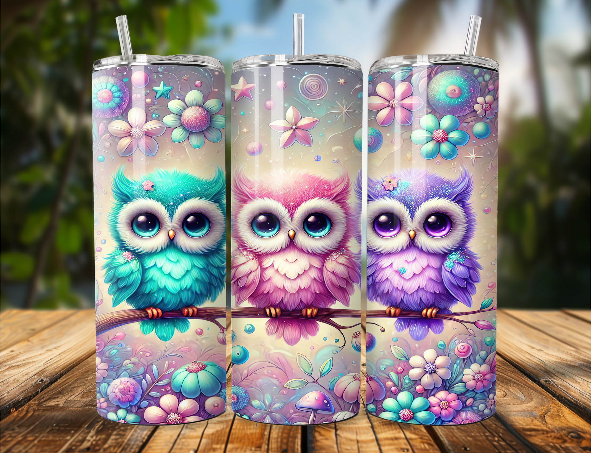 "Colorful tumbler featuring three baby owls in teal, pink, and purple sitting on a branch, surrounded by matching floral accents. Available in 20oz or 30oz sizes."