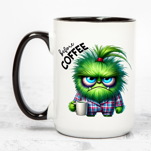 Reverse side of mug with happy pink monster in pigtails that says Fully Caffeinated.2