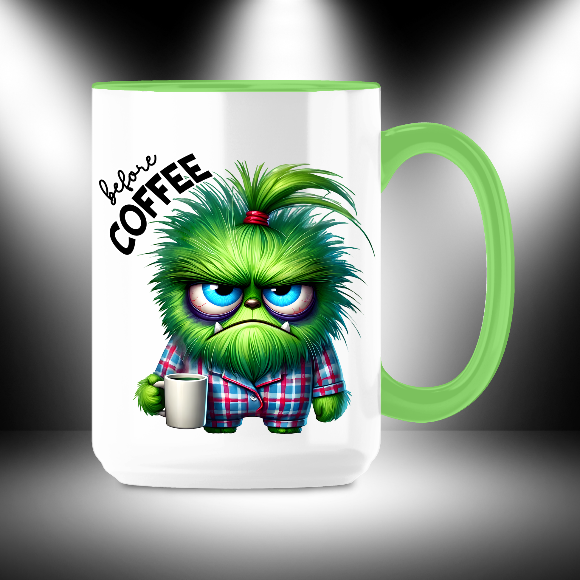 Reverse side of mug with happy pink monster in pigtails that says Fully Caffeinated.