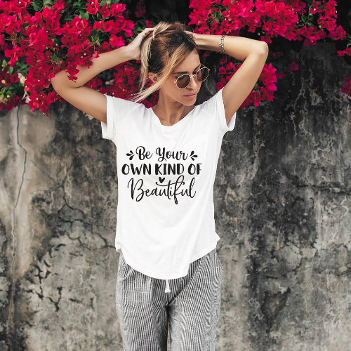 Soft cotton blend t-shirt with ‘Be Your Own Kind of Beautiful’ design.