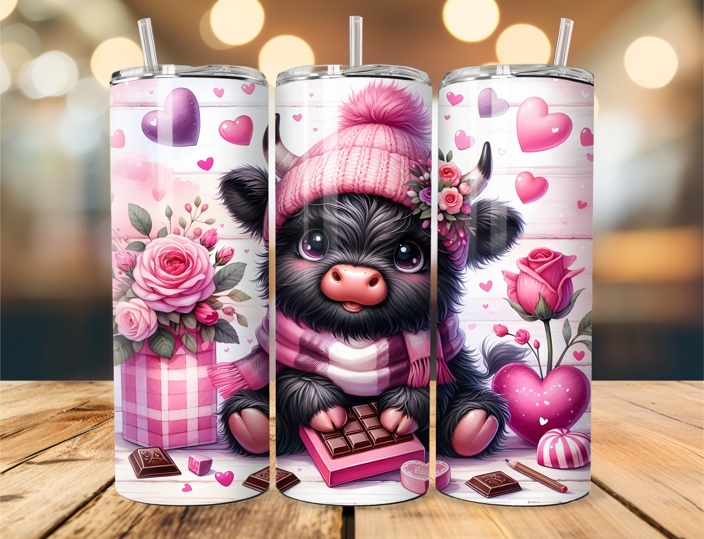 Black Highland Cow with Pink Hat & Vibrant Valentine’s Design - Valentine’s Tumbler