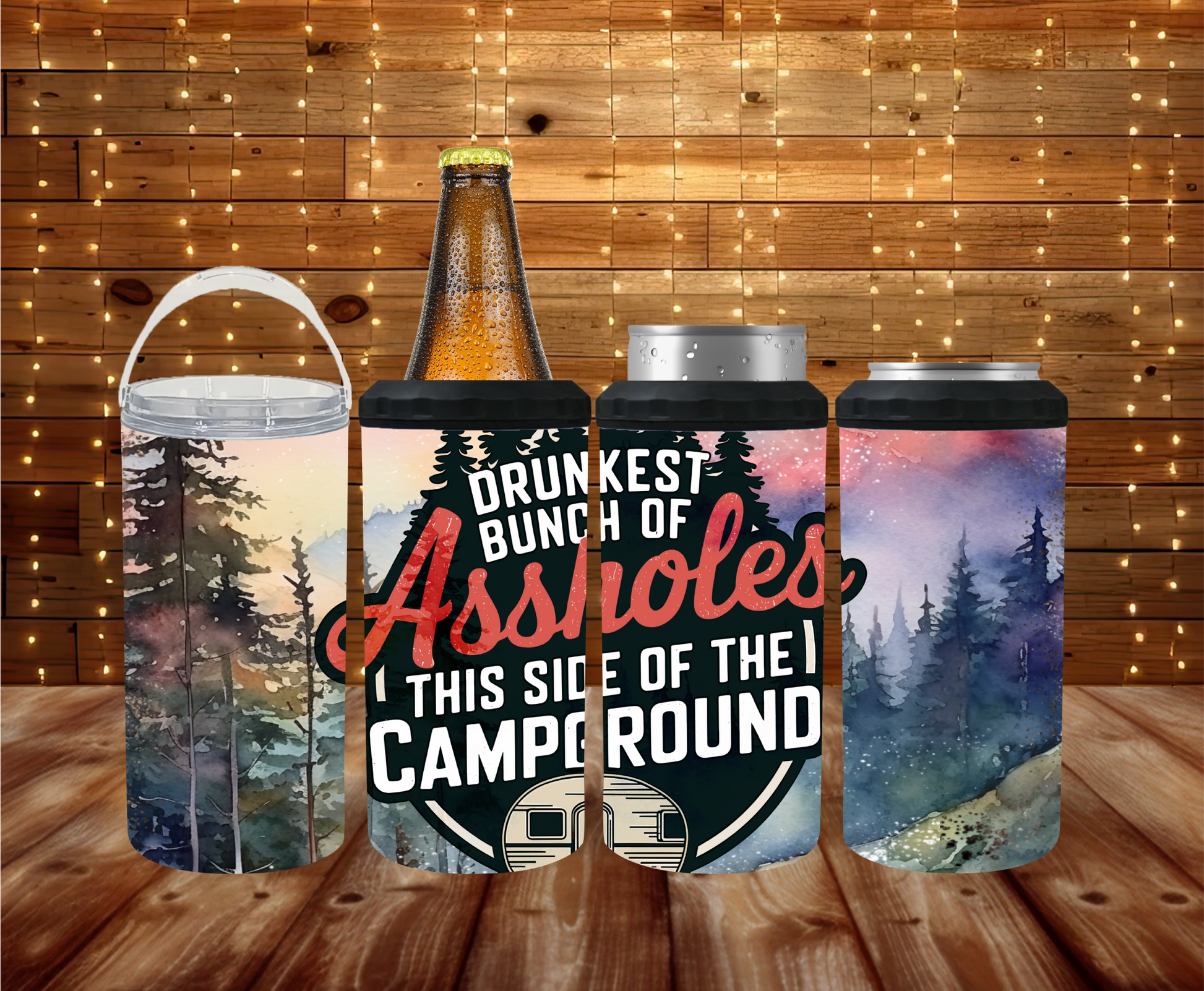 Funny camping-themed 4-in-1 can cooler for bottles, cans, skinny cans, or tumbler use.