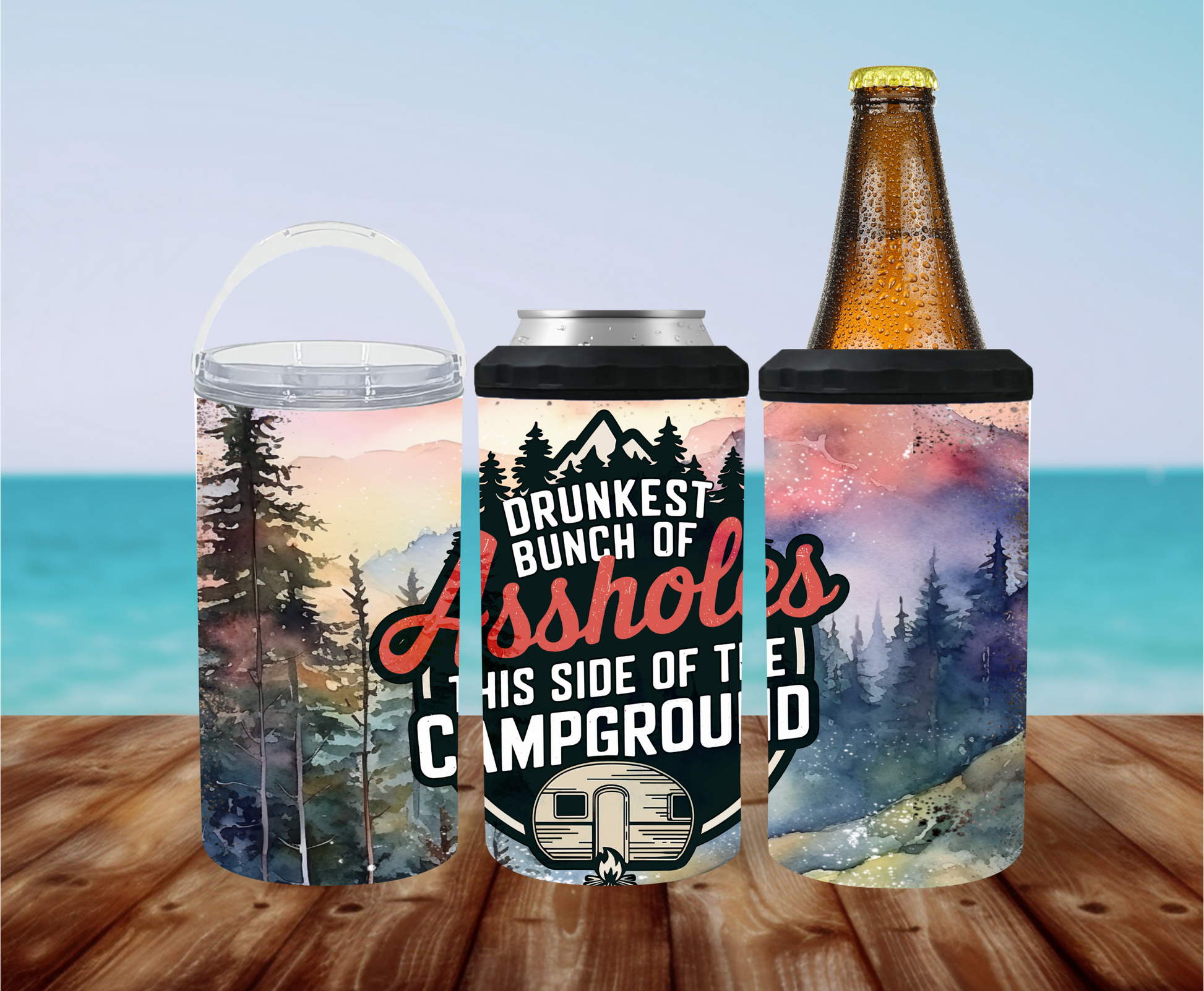 4-in-1 stainless steel cooler with ‘Drunkest Bunch of Assholes This Side of the Campground’ text, camper, mountains, and trees.