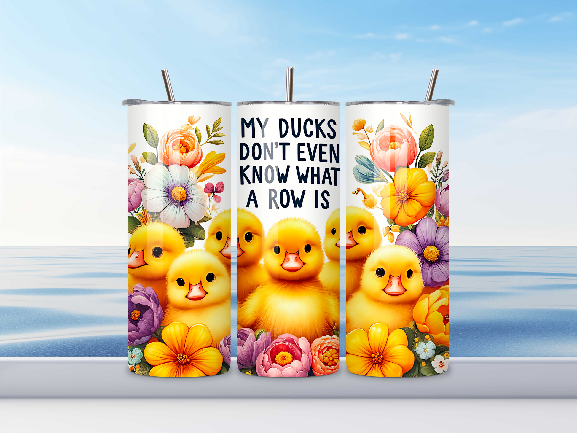 30 oz stainless steel tumbler with whimsical duck and flower design.