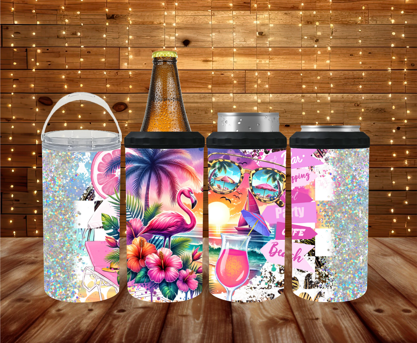 Tropical glitter and cheetah print 4-in-1 cooler with flamingo and palm tree design.