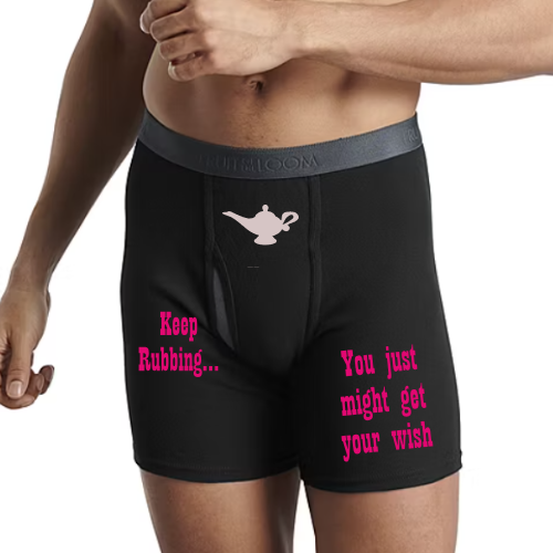 Genie lamp underwear with “Keep Rubbing” phrase – black boxer briefs
Funny men’s underwear with genie lamp and snarky saying
Black and grey underwear with adult humor design