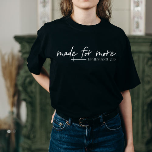 Close-up of Christian t-shirt with Ephesians 2:10 Bible verse.