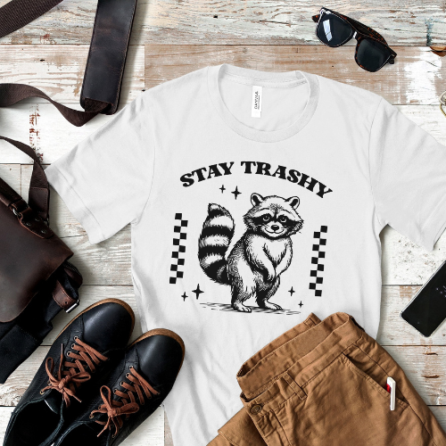 Funny raccoon t-shirt with "Stay Trashy" text β a cute & mischievous trash panda design