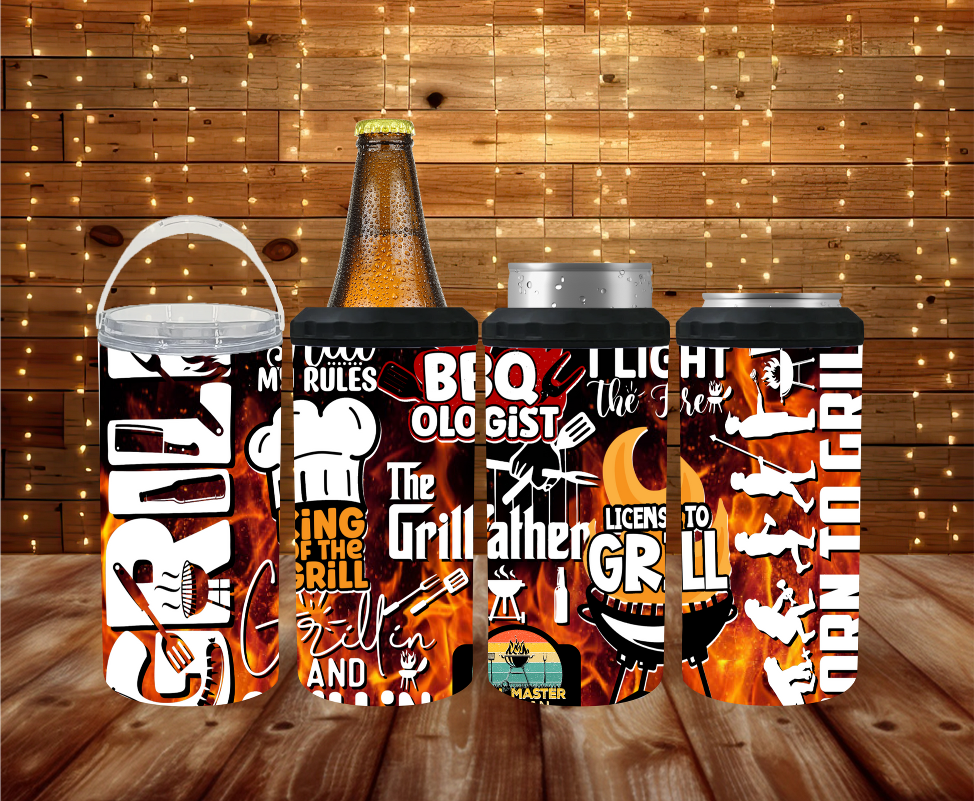 4-in-1 can cooler showing 12 oz bottle, 12 oz can, skinny can, and tumbler lid options.