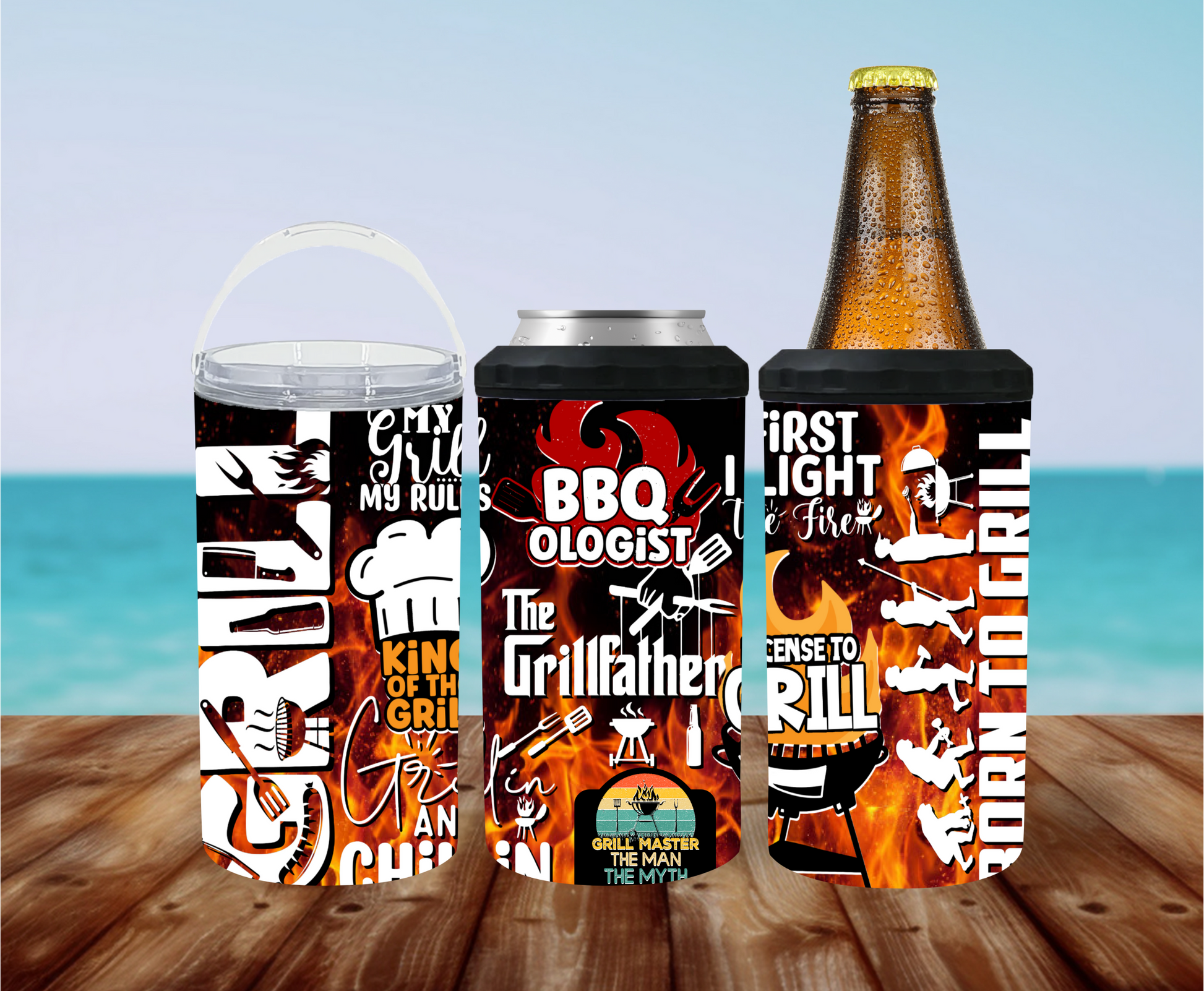 The GrillFather 4-in-1 stainless steel can cooler with grilling phrases like My Grill My Rules and License to Grill.