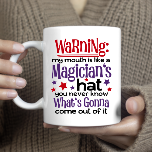 Close-up of quote: ‘…you never know what’s gonna come out of it,’ on ceramic mug.