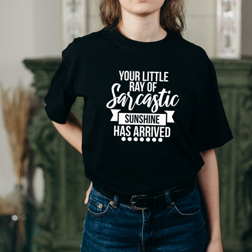 Close-up of funny sarcastic quote t-shirt in unisex fit.