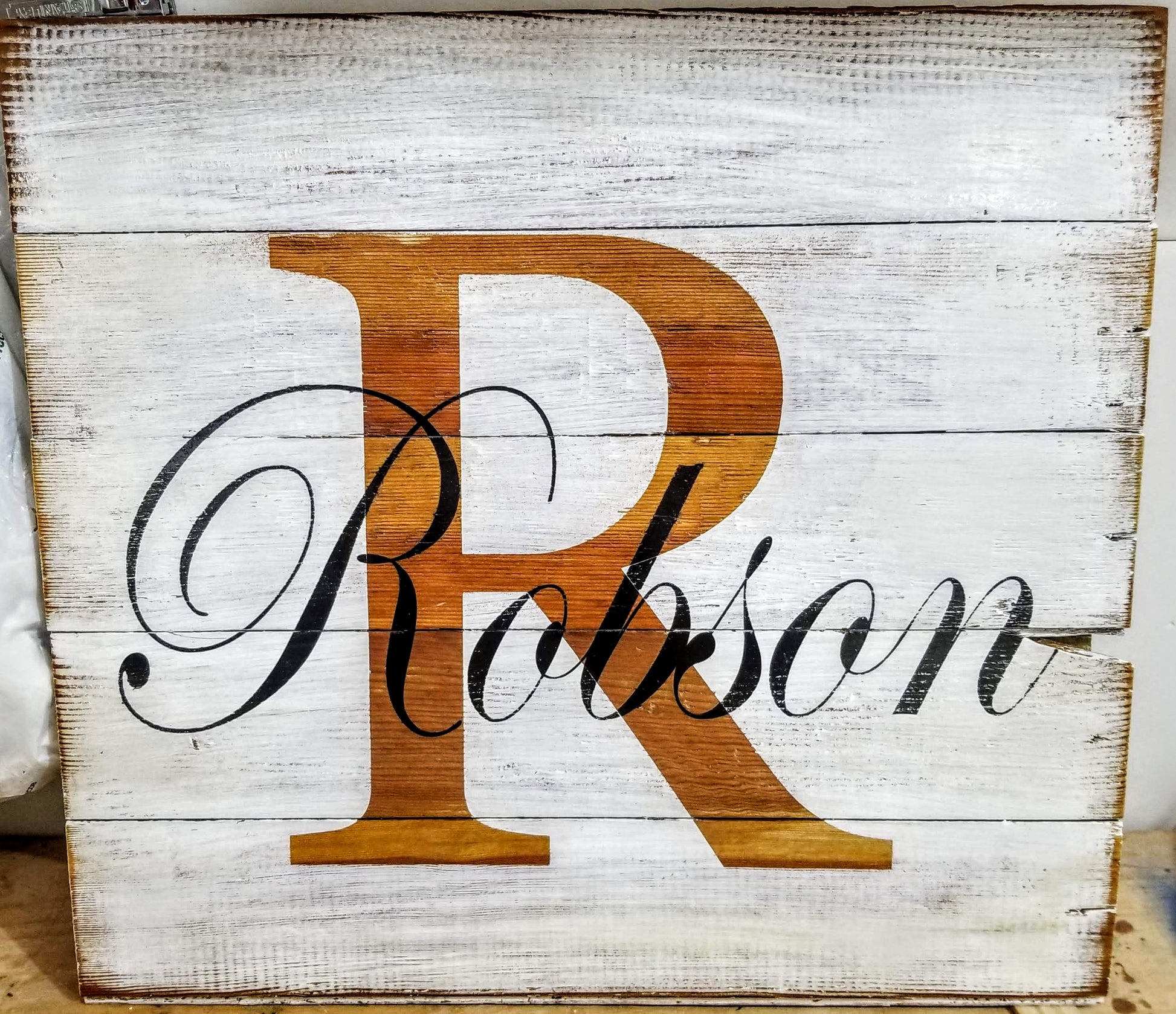 Handmade imperfect monogram wall sign with whitewash finish