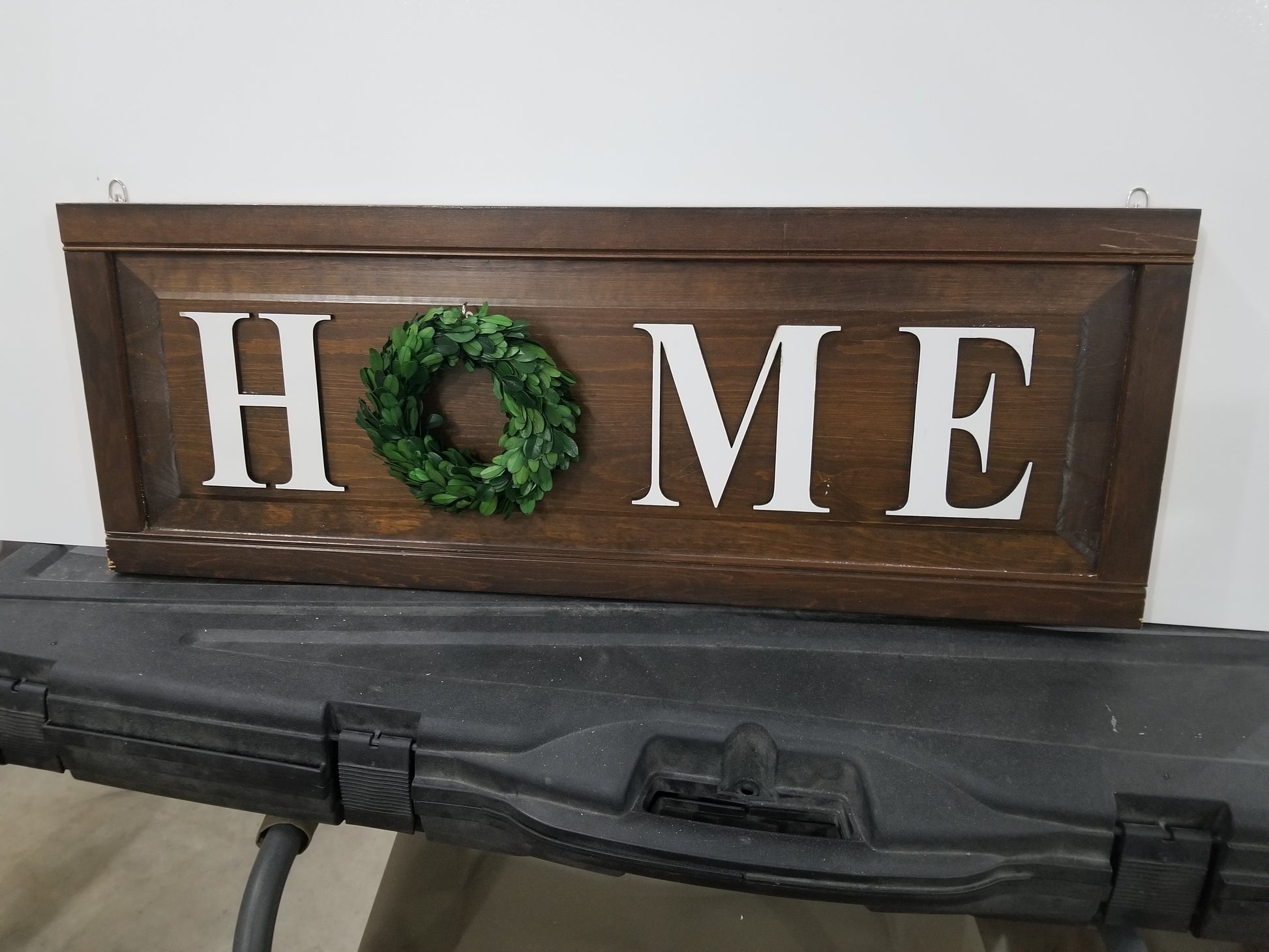 Reclaimed oak door panel HOME sign with wreath O