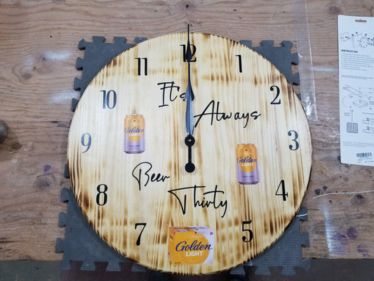 “It’s Always Beer Thirty 24 inch burned wood wall clock