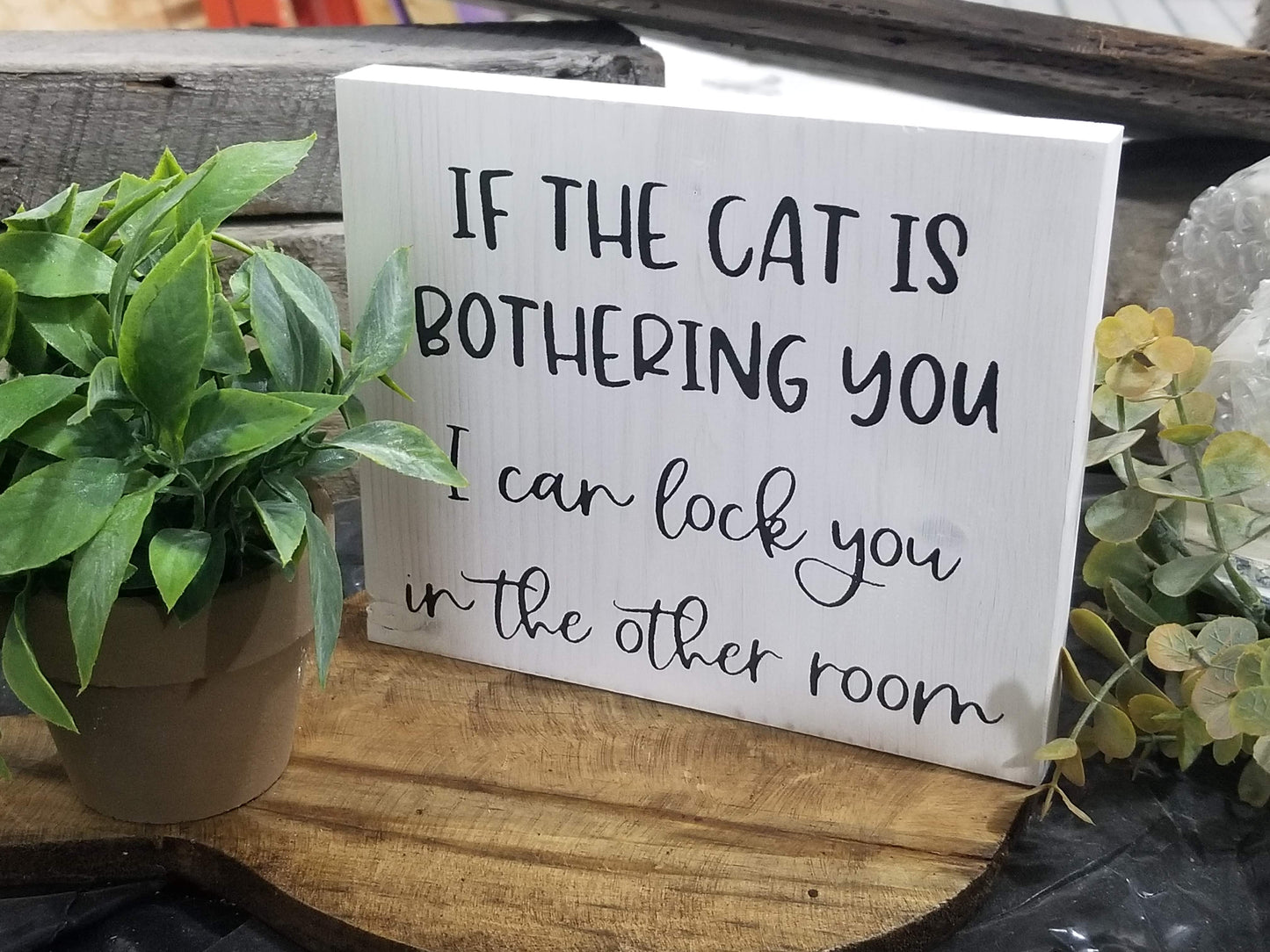 A white framed sign with black text that reads 'IF THE CAT IS BOthering YOU I CAN LOCK YOU IN THE OTHER ROOM', displayed on a wooden surface with a potted plant to the side.
