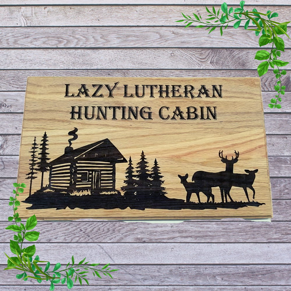 Rustic cabin sign with engraved deer and custom text