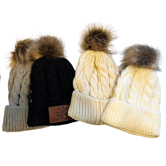 Stocking hats with engraved leather patches