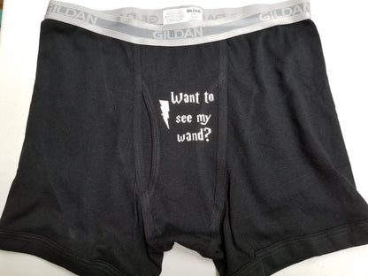 Black boxer briefs with “Want to See My Wand?” and lightning bolt
Cheeky wizard-themed underwear – wand joke design
Funny black or grey underwear with wand humor