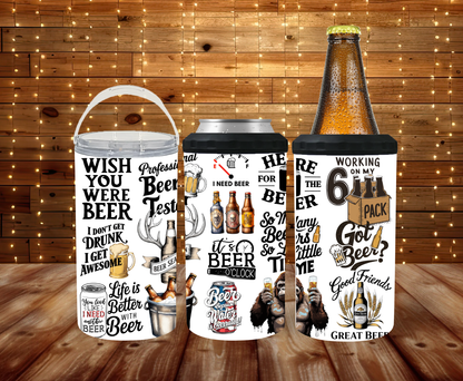 Funny beer quotes 6-in-1 can cooler with multiple humorous sayings on stainless steel.