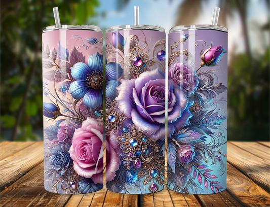 Tumbler with 3D roses in light and dark purple and pink, accented with sparkling gems. Available in 20oz or 30oz.
