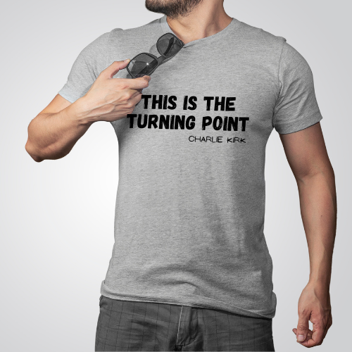 Model wearing Turning Point Charlie Kirk t-shirt in ash gray