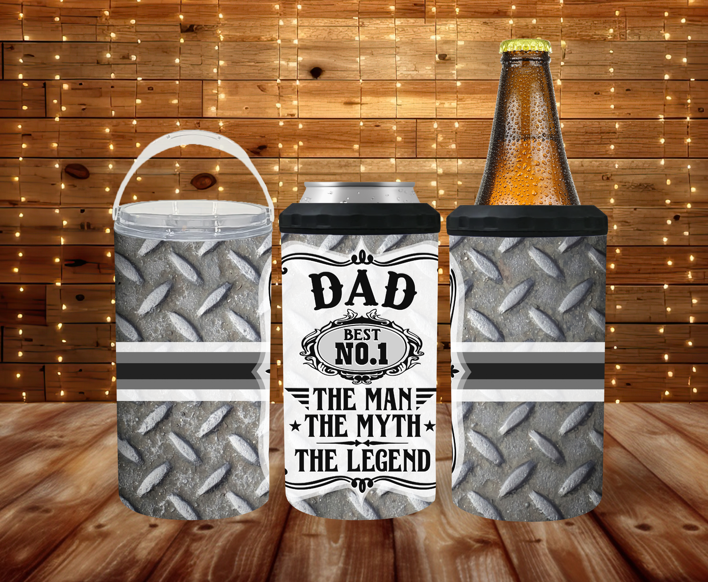 Three insulated can coolers displayed on a wooden surface against a wood plank wall with string lights. The left cooler has a white handle and a gray diamond plate pattern with black horizontal stripes.